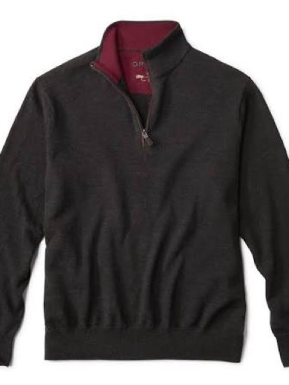 Orvis Men's Merino Wool Charcoal Zip-Up Sweater with Burgundy Collar